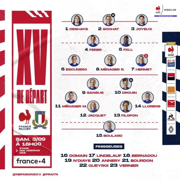 프랑스의 여자 XV: Sansus와 Drouin은 준비 중인 이탈리아와 맞붙습니다.